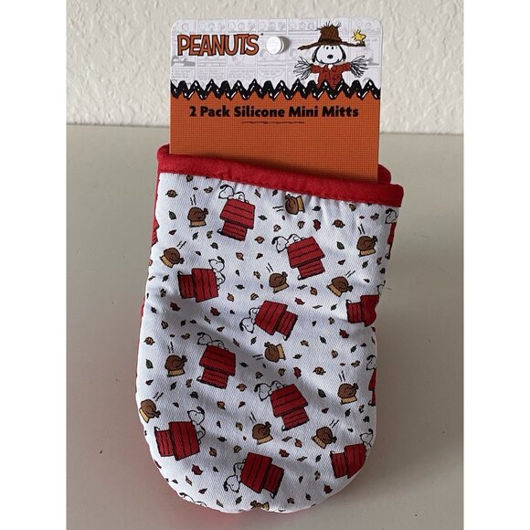2 Pk Peanuts Snoopy Thanksgiving Fall Doghouse Turkey Mini Oven Mitts Red NEW - Picture 1 of 13
